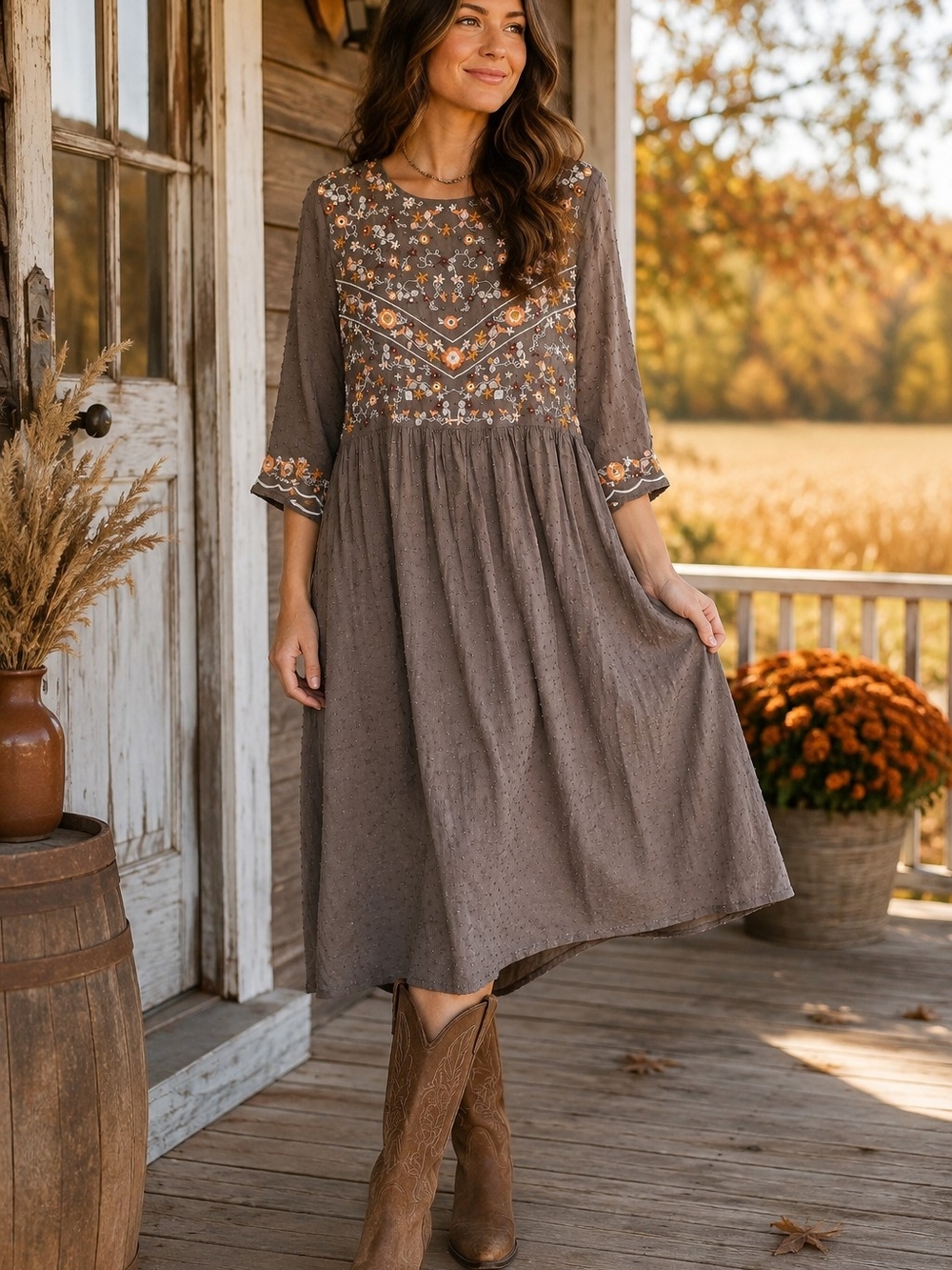 Taupe Embroidered Midi Dress with Floral Yoke